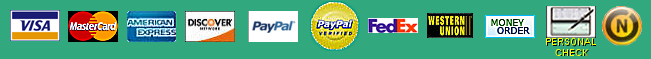We accept VISA, MASTERCARD, AMERICAN EXPRESS, DISCOVER, PAYPAL, PERSONAL CHECKS, MONEY ORDERS, and BANK WIRES.